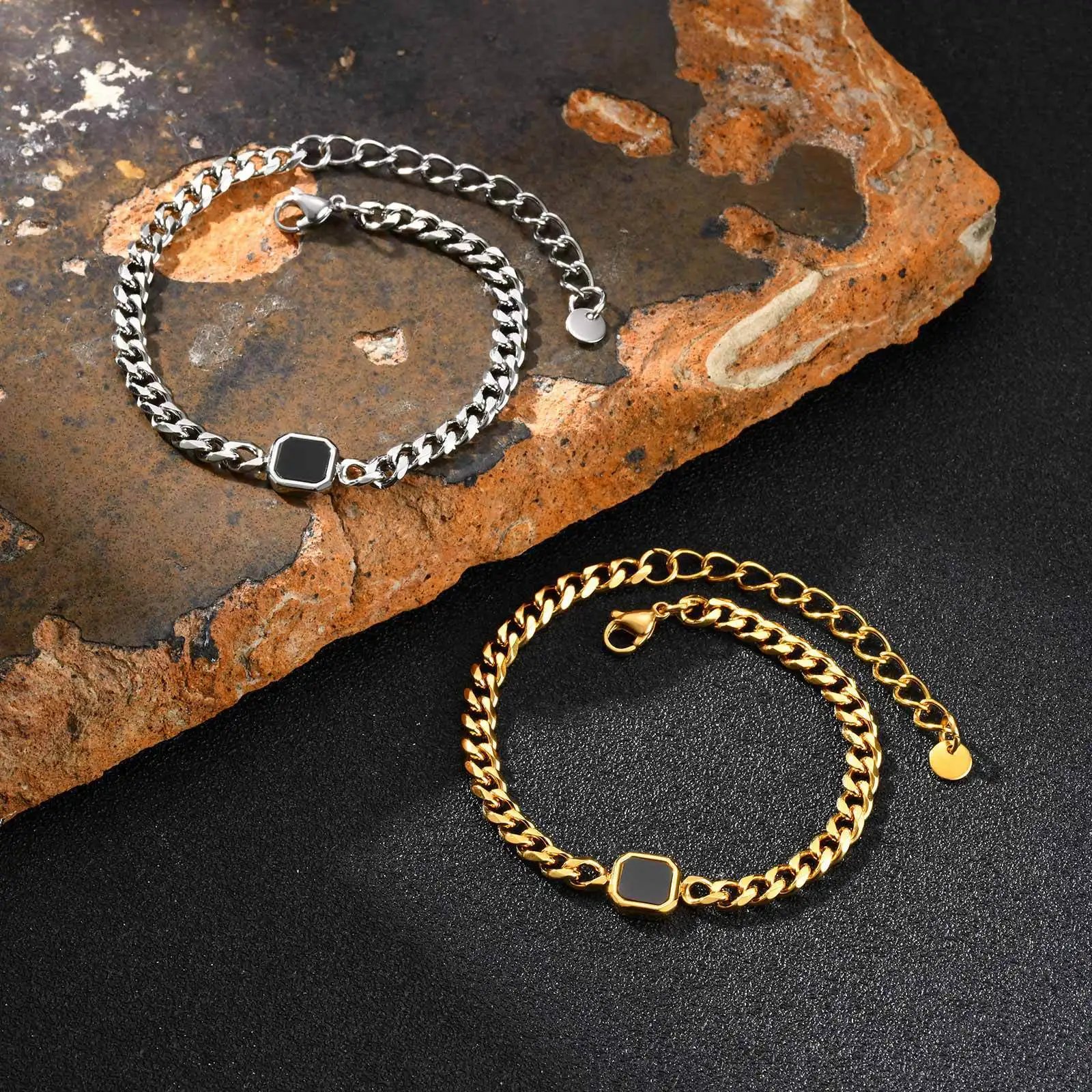 5mm Width Adjustable Chain Bracelet for Men, Stainless Steel Acrylic Six-Sided Polished Jewelry Gifts for Husband Son‌ Him