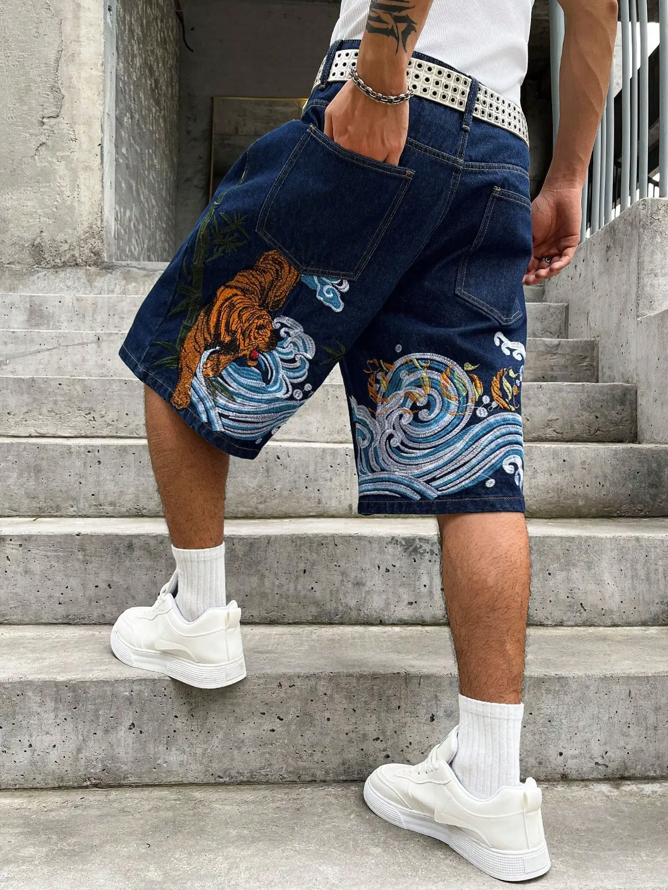 Men's Embroidered Baggy Denim Five-Inch Shorts, Dark Blue Wide Knee-Length Hip-Hop Streetwear Shorts, Y2K Casual Denim Shorts