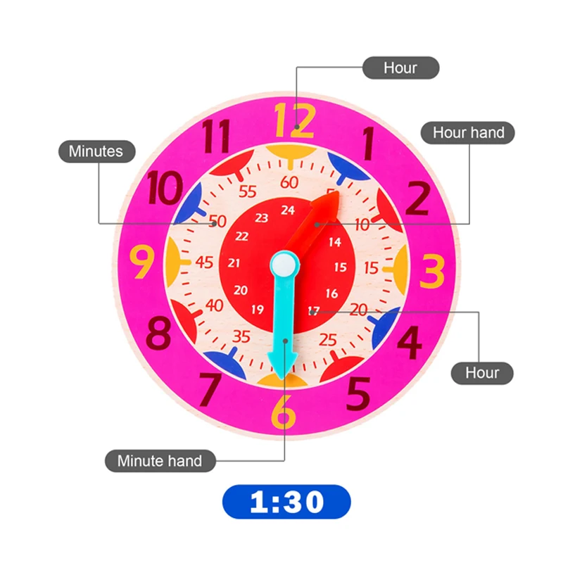 Horloge en Bois Montessori pour Enfant, Jouet d\'ApprentiCumbria du Temps, Fuchsia, Aide à l\'École Primaire