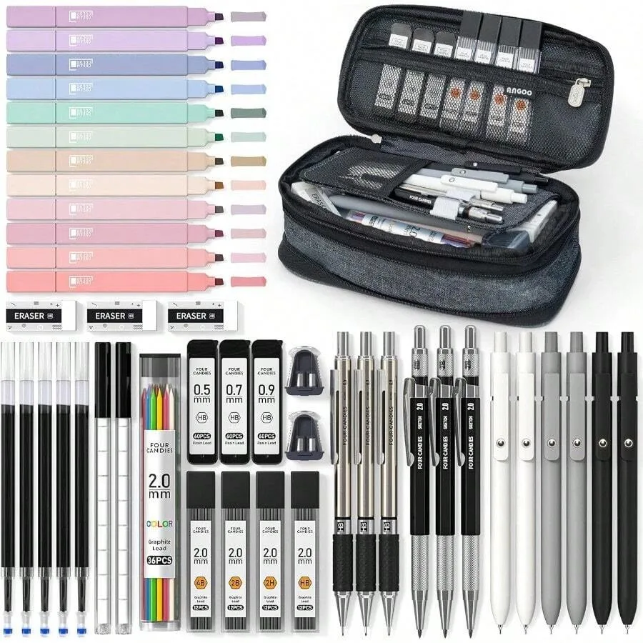 45 PCS School Supplies With Pen Case, 12 Pastel Highlighters, 6 Black Ink Gel Pens, 6 Mechanical Pencils Set For Students Stati