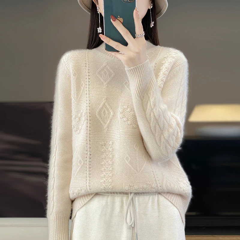 Women\'s Knitted Half High Collar Pullover, Knitted Sweater, Fashionable Hollow Out, 100% Australian Wool Top, New, Autumn and Wi