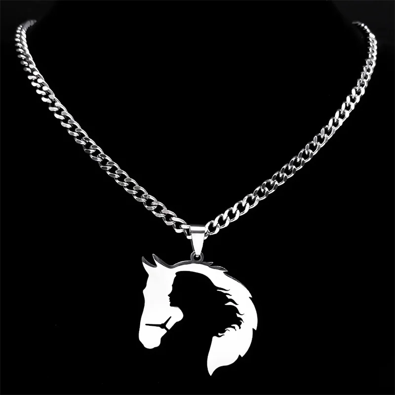 Pferd und Mädchen Silhouette Anhänger Halskette für Frauen Männer Edelstahl hohl Pferdekopf Tier Halsketten Schmuck Geschenk n3215s03 – Detail 5