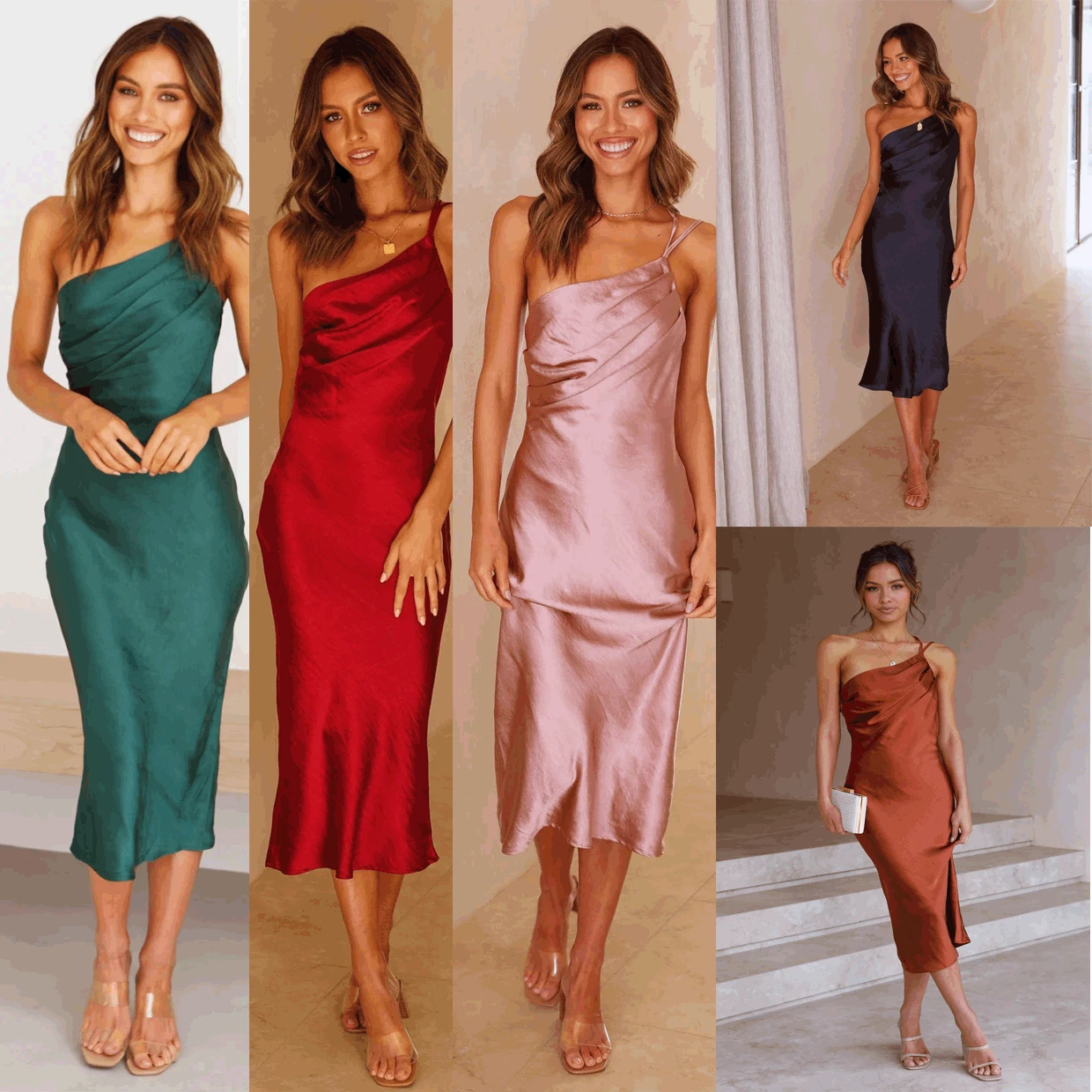 Solid Color One Shoulder Spaghetti Strap Slim Party Dresses Women Folds Backless Leace-up Package Hip Bodycon Lady Evening Dress