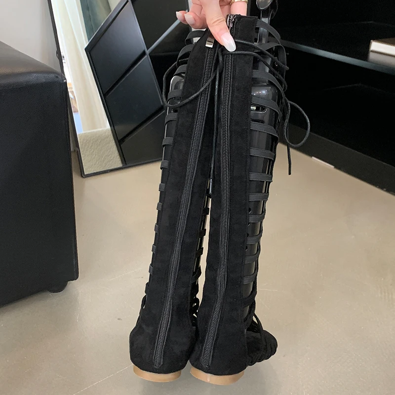 Gladiator  Western Boots For Womens Modern Cross-Tied Solid Ladies Long Boots 2024 Zipper Footwear Knee-High Female Shoes