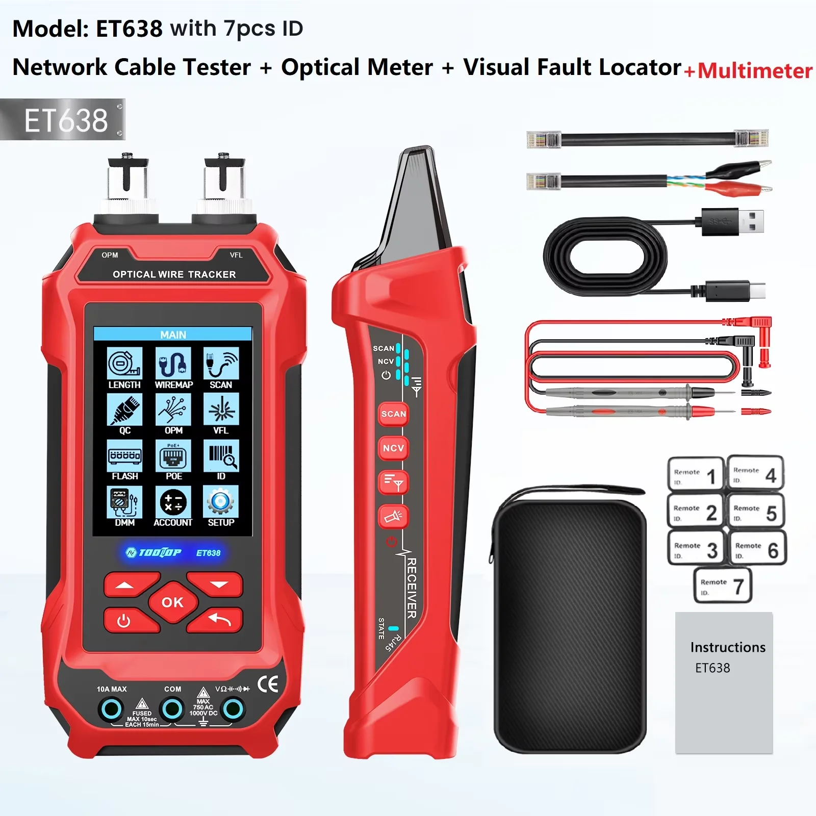 TOOLTOP ET638 Netwerkkabeltester 60000 tellingen Multimeter Optische vermogensmeter POE Test Lan Netwerktester met 7 stuks ID-afstandsbediening