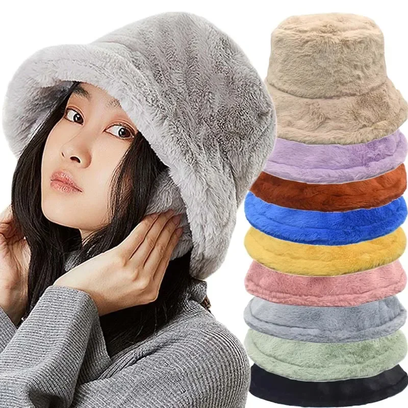 Thicken Autumn Winter Warm Plush Panama Casual Hats for Women Soft Faux Rabbit Fur Bucket Hat Solid Ladies Fisherman Caps Bonnet