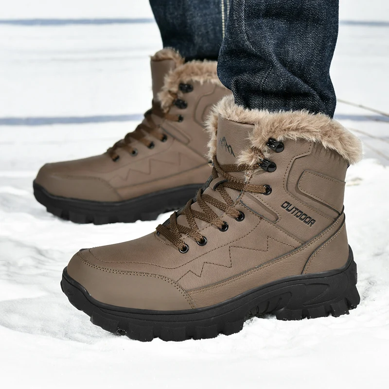 Bottes de neige imperméables pour hommes, baskets en cuir à lacets, bottes de randonnée décontractées, bottes de travail chaudes en plein air, hiver, nouveau