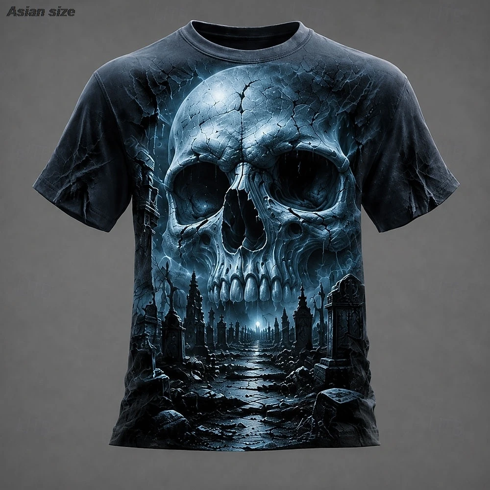 Halloween Men's Skull Optical Illusion T Shirt Short Sleeve T shirt 3D Print Crew Neck Shirt