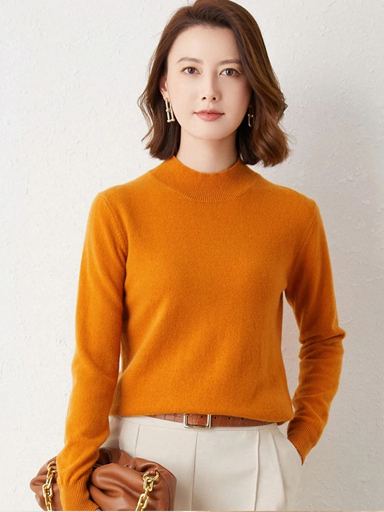 2024 Women Solid Half High Collar Knitted Sweater Autumn Winter Simplicity Loose Casual Versatile Office Lady Bottoming Shirt