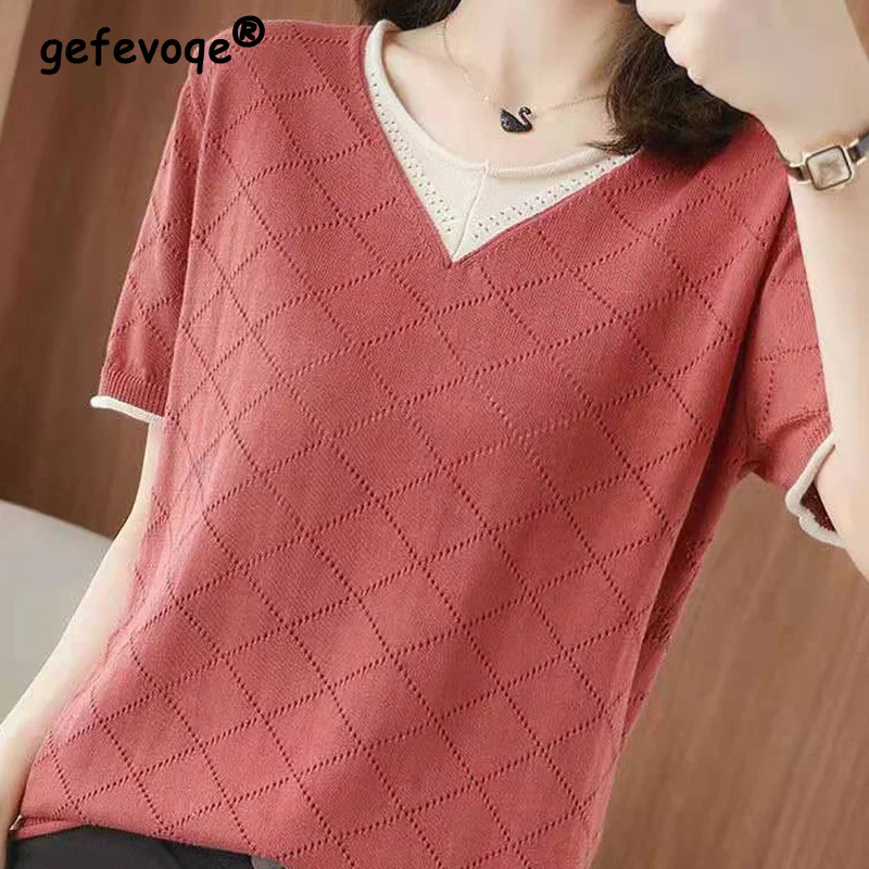 

Elegant Fashion Casual Solid Patchwork T-shirt Summer 2024 New Streetwear Short Sleeve O-Neck Loose Knitted Tops Female Clothing