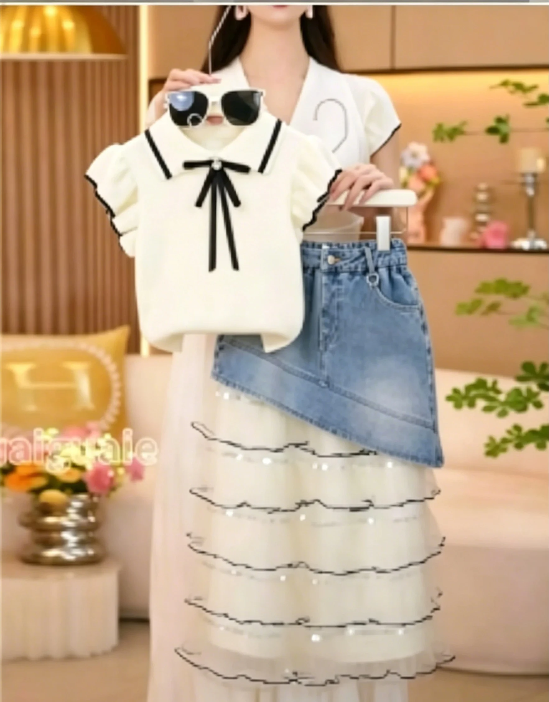 Girls Flying Sleeve Short Sleeved T-shirts Sequined Patchwork Skirt Set 2026 New Turn-down Collar T-shirt Irregular Denim Skirt