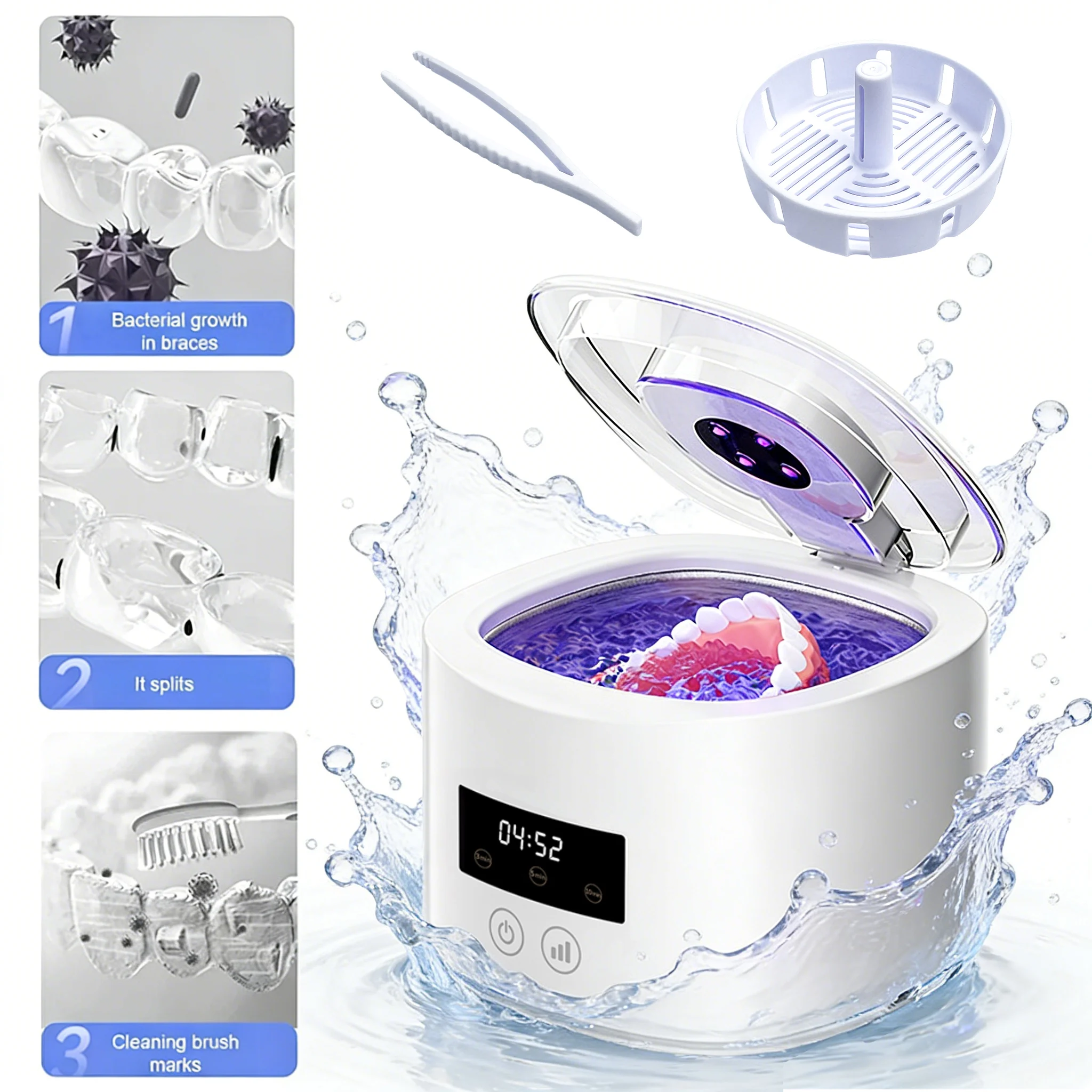 50KHz USB Rechargeable Ultrasonic Dental Cleaner, Multi-Function for Invisible Braces Retainer Denture & Jewelry Care