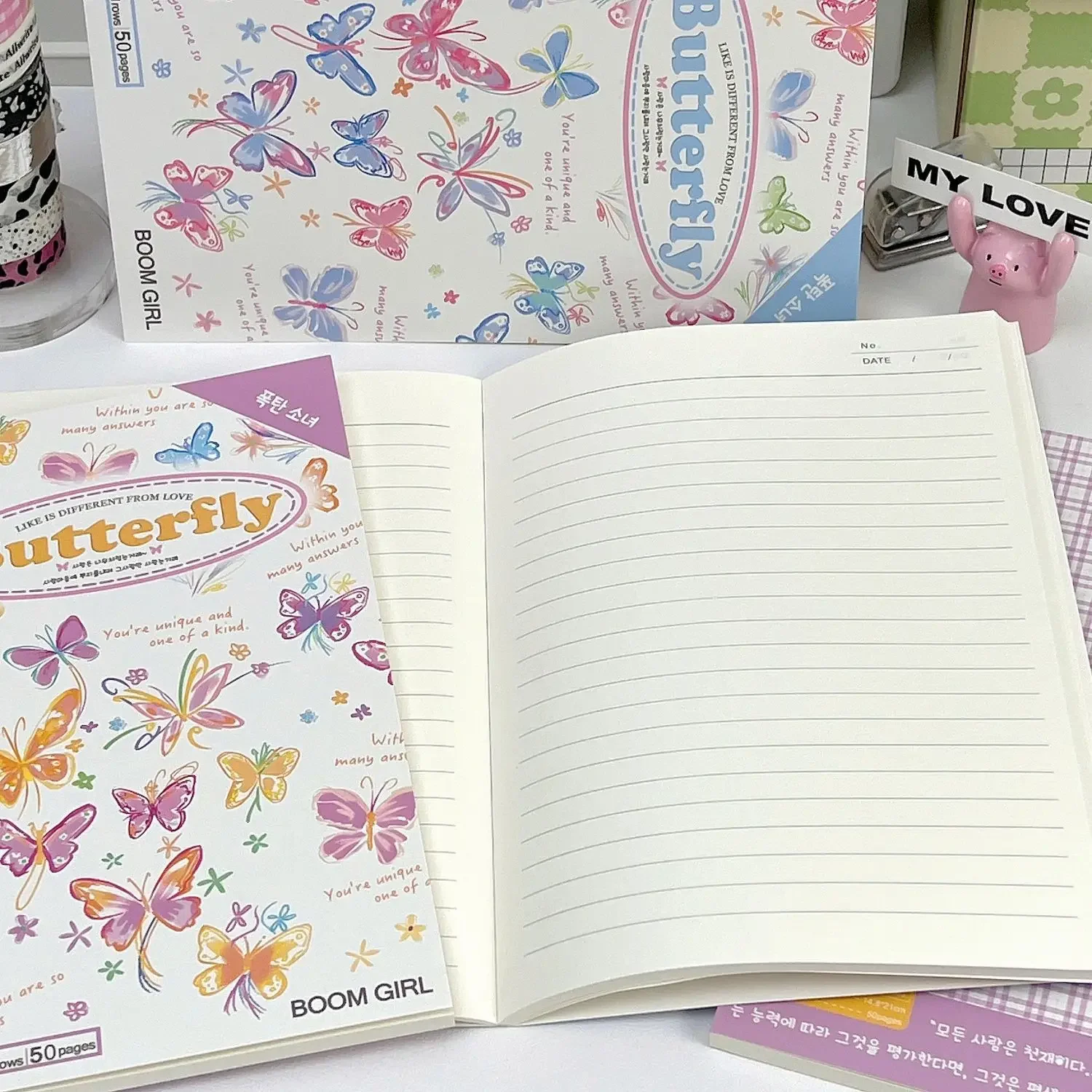 IFFVGX A5 50 arkuszy Notebook Kawaii Ins stylowe ręcznie rysowane motyl kratkę linie przenośne Retro planer Coil harmonogram szkoły