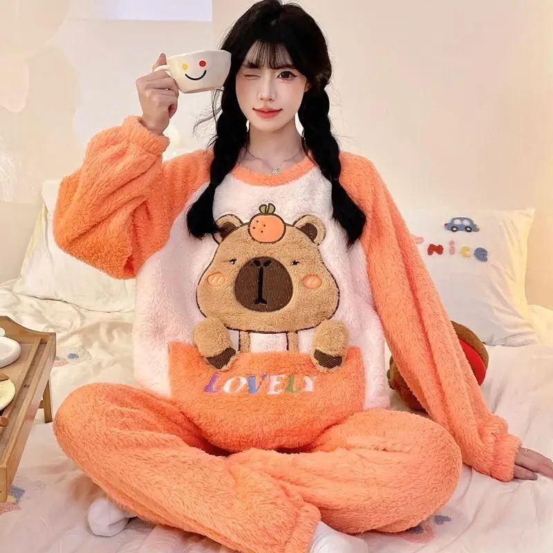

Pajamas Capybara Sleepwear Set Women Winter Flannel Fleece Plus Size Loose Cute Student Thick Warm Cozy Homewear Lounge Outfit