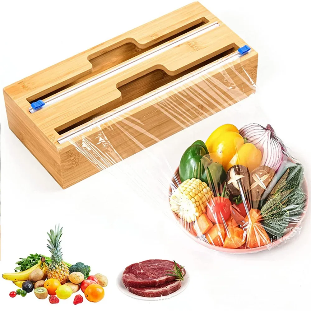 Bamboo Kitchen Drawer Organizer Aluminum Foil Plastic Wrap Dispenser With Slide Cutter Ziplock Bag Food Storage Organizer