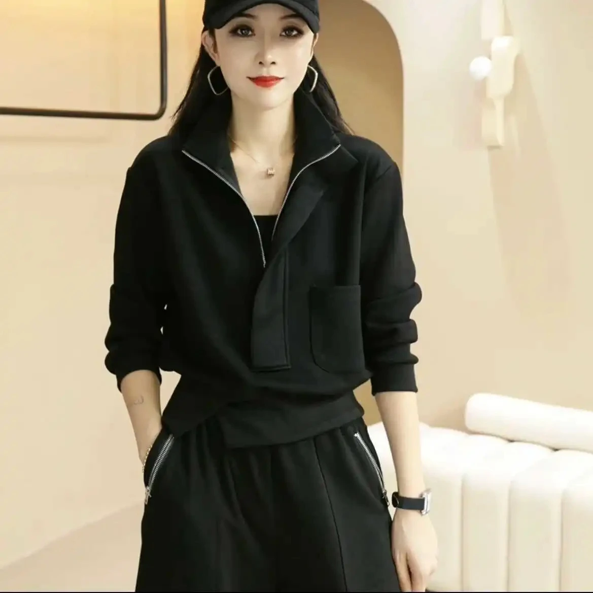 

Модный пуловер с воротником-стойкой, толстовка с капюшоном для женщин, весна-осень 202, свободный тонкий универсальный повседневный топ на молнии с половиной женской одежды