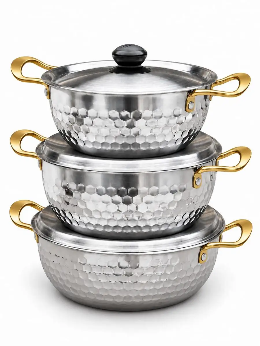 3-Piece Silver Lidded Double-Handle Soup Pot Set, Hammered Hexagonal Texture With Riveted Handle Details, Nestable Kitchen Cookw