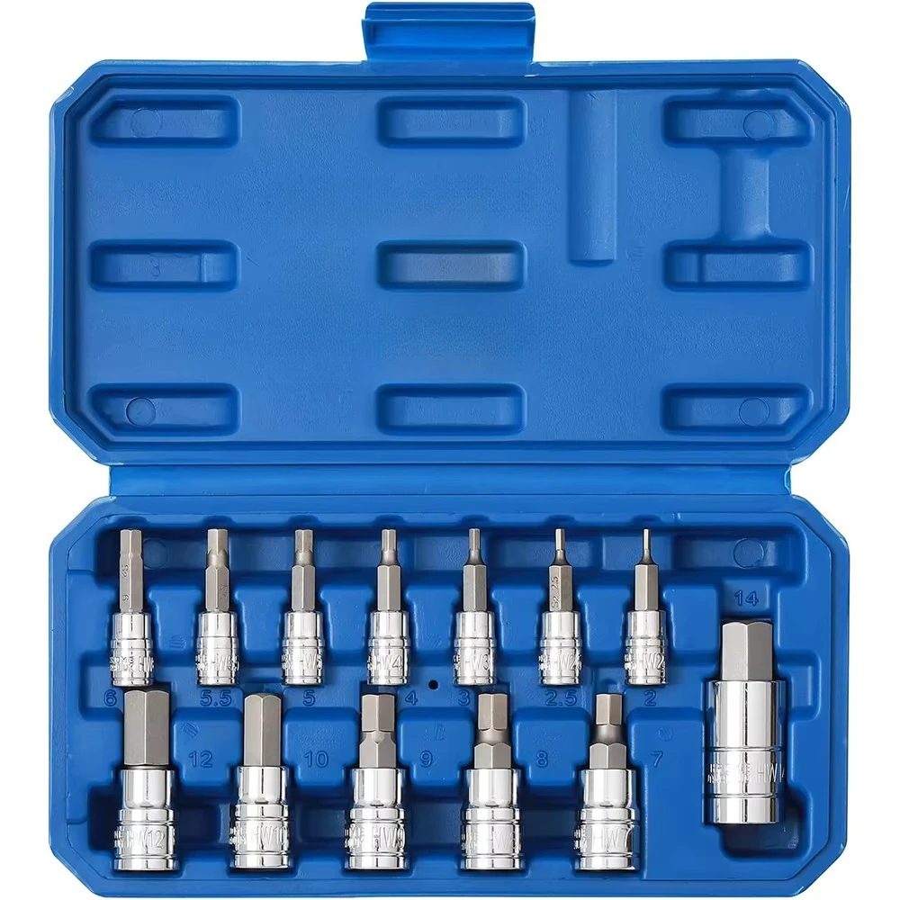 13PCS Metric Hex Bit Socket Set CR-V Allen Bit Socket Kit, S2 Steel 2mm - 14mm 1/4