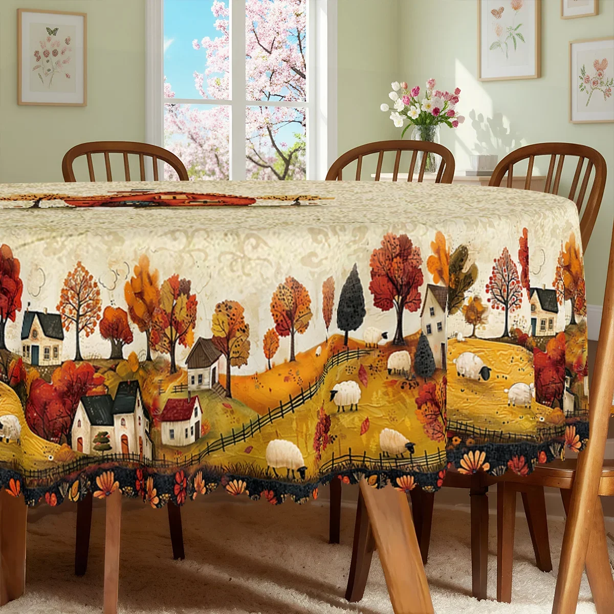 1 piece, autumn rural style tablecloth, autumn atmosphere, retro rural scenery, leisurely sheep pattern tableclothxzj