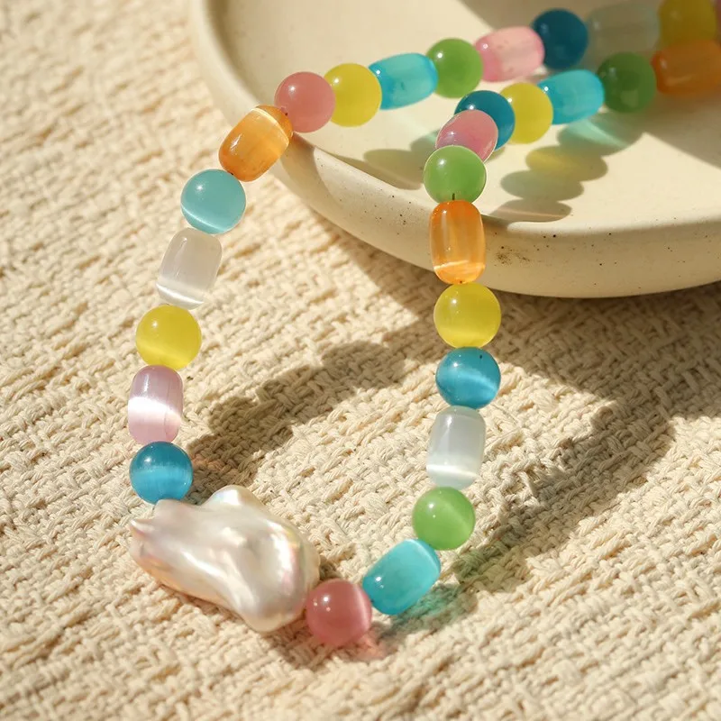 

Ожерелье с разноцветными камнями в форме кошачьего глаза, коллекция Весна-Лето 2026, в стиле барокко, цвета сладких конфет, чокер