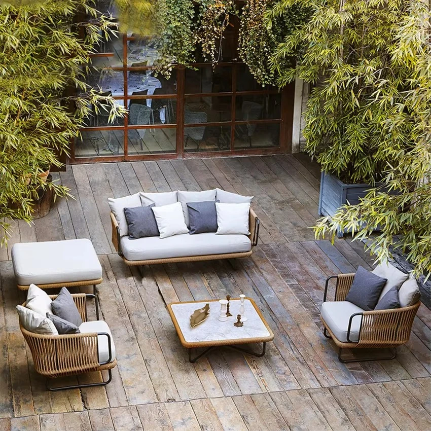 

Luxury metal courtyard outdoor rope garden furniture modern lounge sofa set hotel park apartment