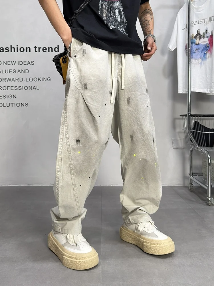 

Retro American Waed Distred Knife Loose Straight Leg Trousers for Men Summer Thin Youth Casual Wide Leg Pants