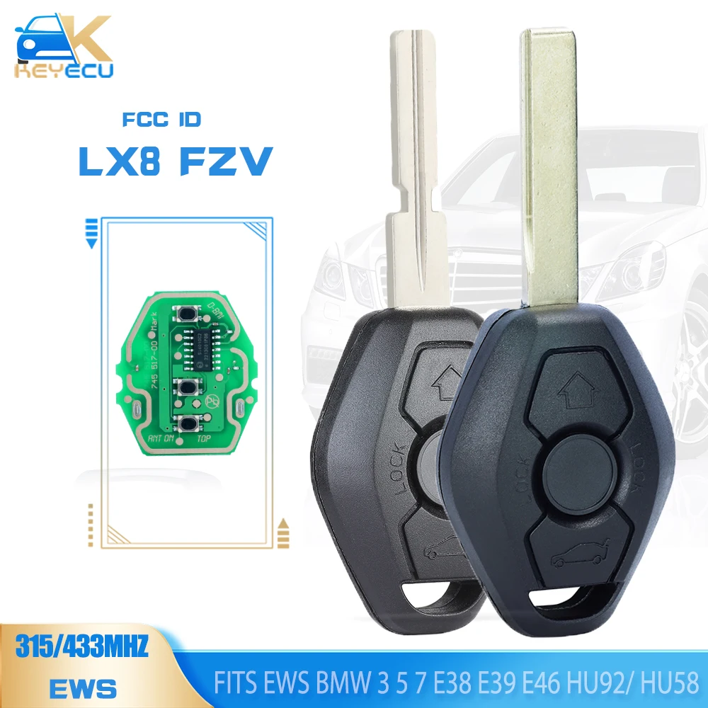 KEYECU LX8 FZV EWS Remote Key Fob 315MHz/433MHz ID44 Chip for BMW 3 5 7 E38 E39 E46 HU92/ HU58