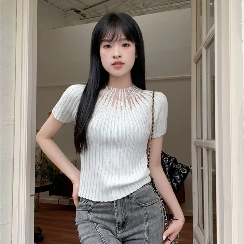 Knitted Diamond-studded Short T-shirt Fashion Round Neck Terylene Thin Knit T-shirt Hugging Slim-fit Cropped Top Women