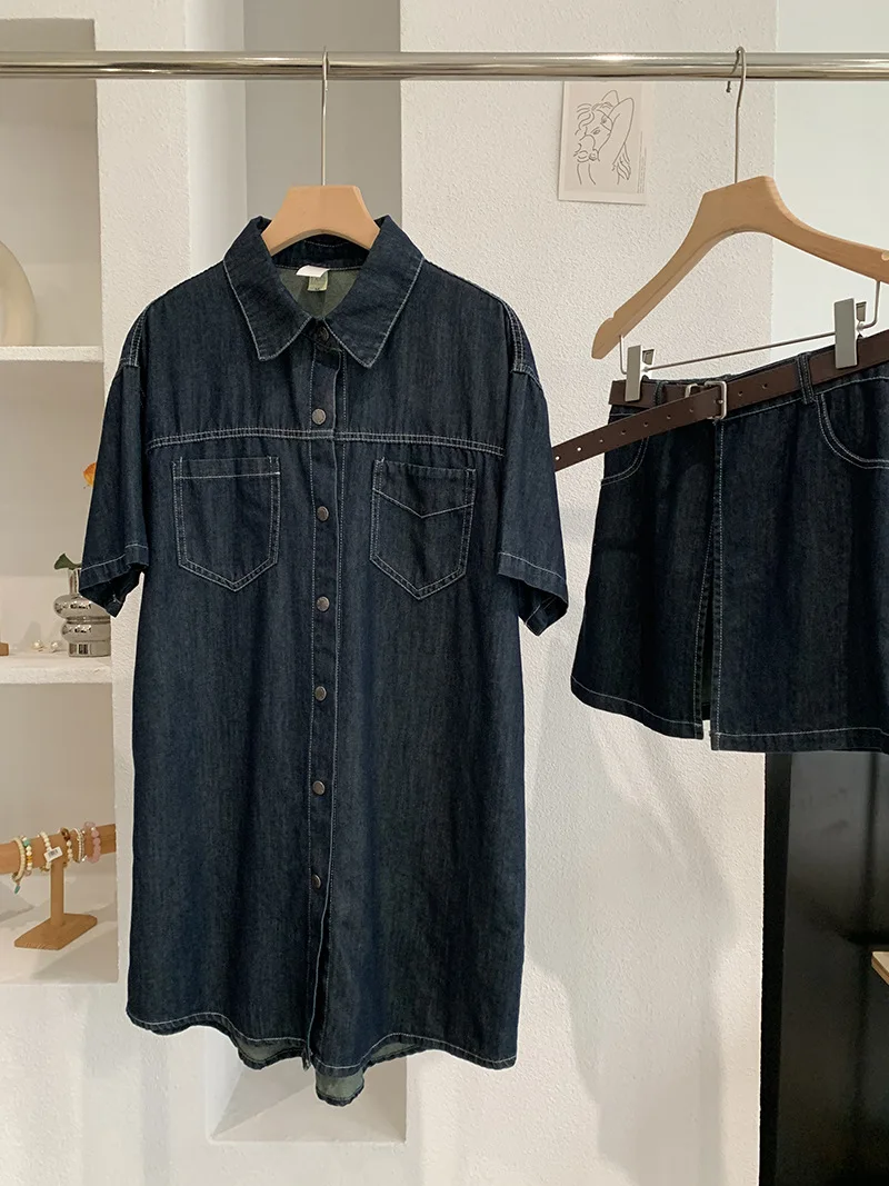 Loose Fit Casual Women's Denim Shirt And Skirt Set High Waist Midi Length Short Sleeve Turn-down Collar Two-Piece Outfit