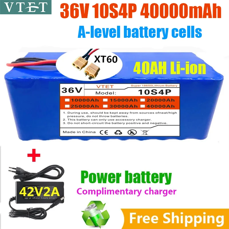 

2024 NEW 36V XT60 10S4P 40Ah for Battery Pack High Power 1000W Battery 42V40000mAh Ebike Electric BMS+42V2A Charger 18650