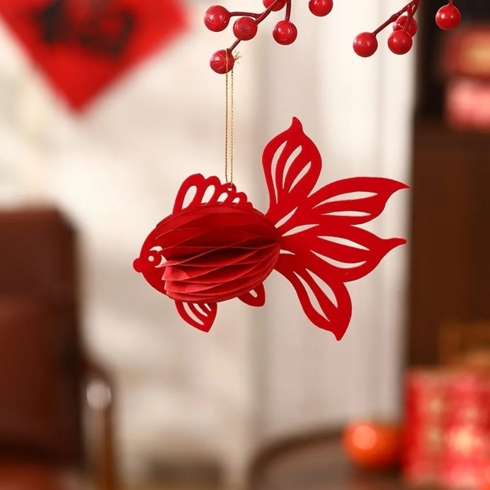 Hanging Red Chinese New Year Decoration Koi Chinese Knot Honeycomb Lantern Small Gourds Shape 3D Felt Pendant Living Room