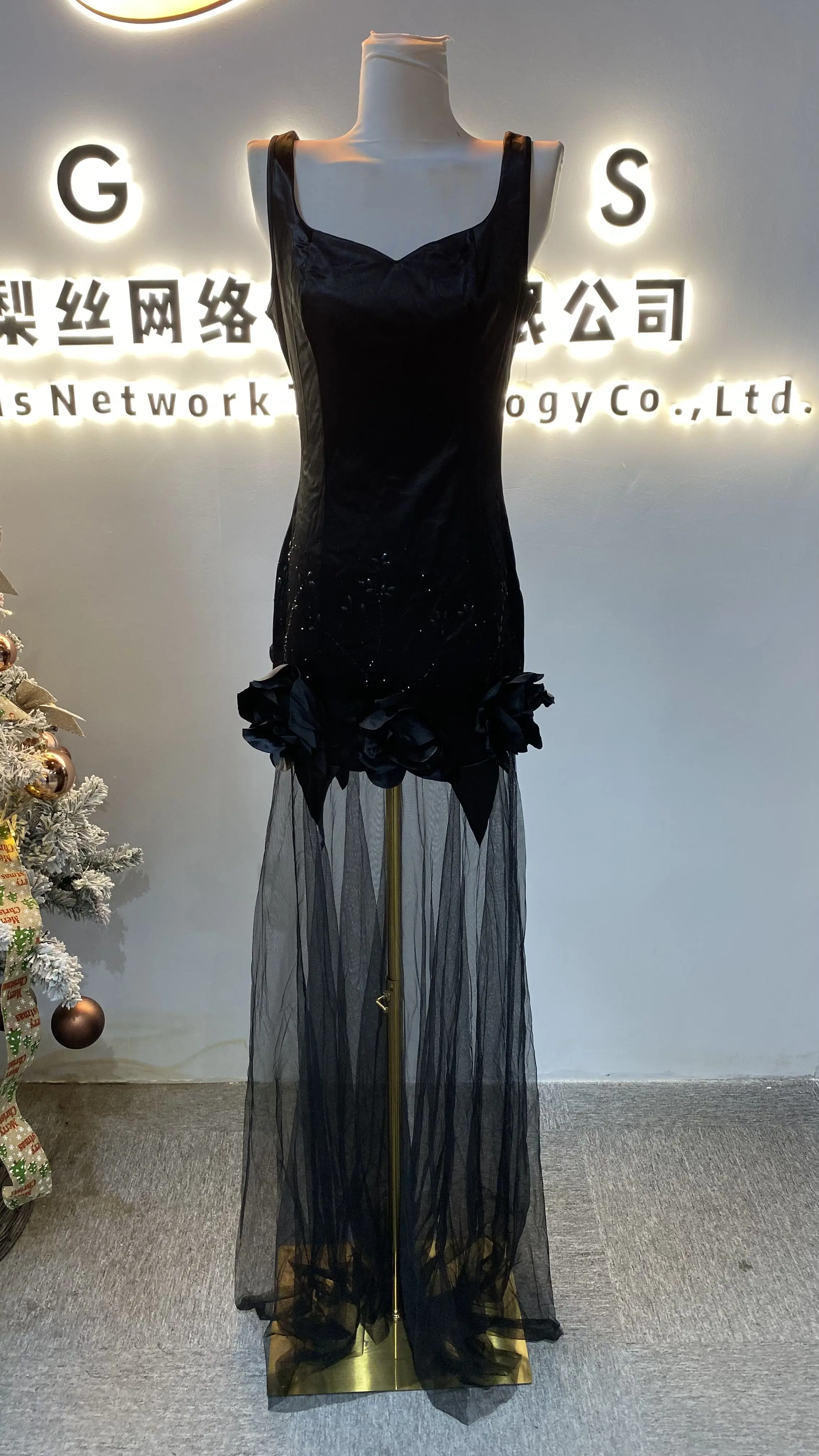 

3D Flower Mesh Maxi Bodycon Dress Women Birthday Party Evening Prom Long Dress-GZMM458