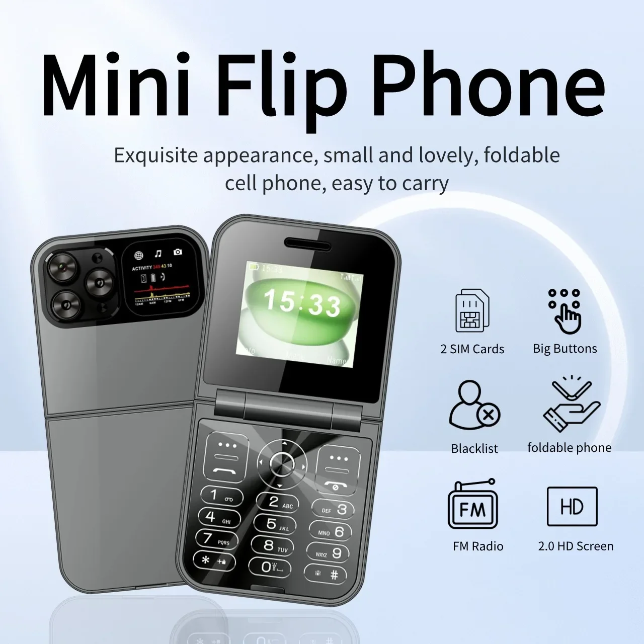 Retro Small Button Flip Phone Clamshell 2.0-inch Screen Slim Speed Dial Blacklist Dual SIM Torch Portable Senior Mobile Low Cost