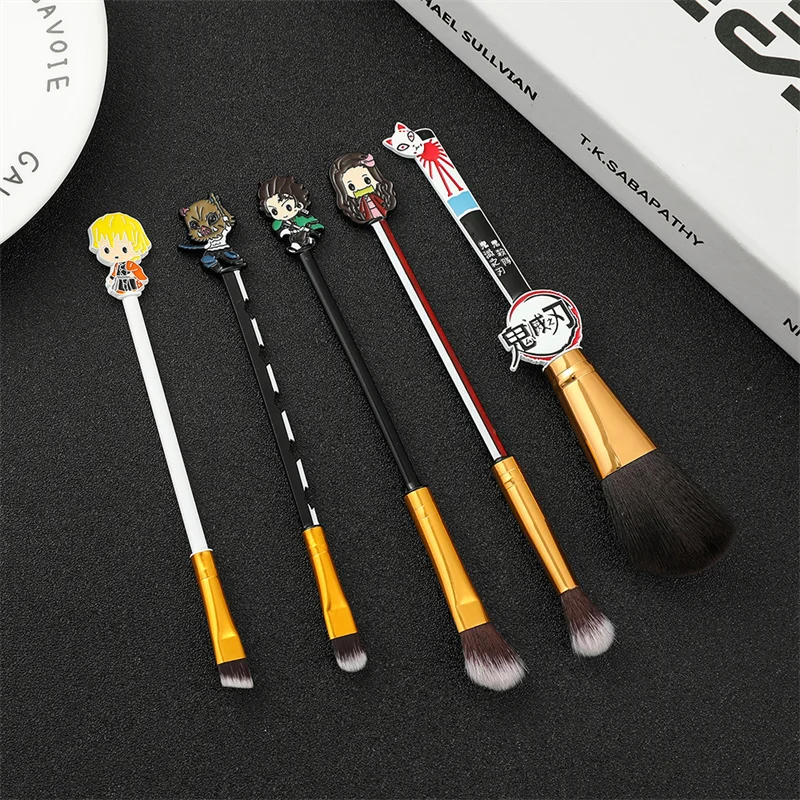 5pcs Demon Slayer Makeup Brush Set Anime Cosplay Makeup Brush Face Cosmetic Powder Highlight Blending Eyebrow Eyeshadow Brush