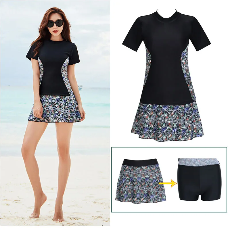 Plus Size M to 5XL Women Two Piece Rash Guard Short Sleeve Bathing Suit  UV Block Swimsuits Boy Shorts Skirt Bottom Swim Shirt