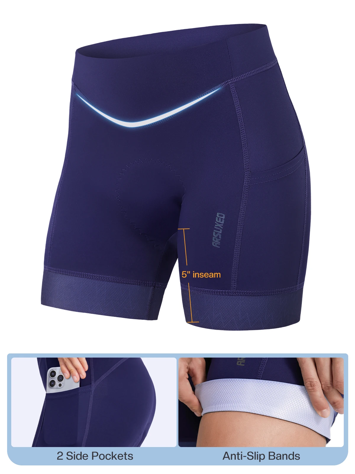 ARSUXEO 4D Gepolsterte Fahrradshorts für Damen, Radsport-Unterwäsche, Fahrrad-Radlerhose mit Handytaschen