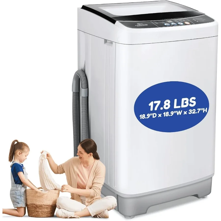 

Портативная стиральная машина 17,8 фунтов, компактная полностью автоматическая стиральная машина 2,4 куб. футов со сливным насосом, 8 настроек уровня воды, 10 стиральных процессов