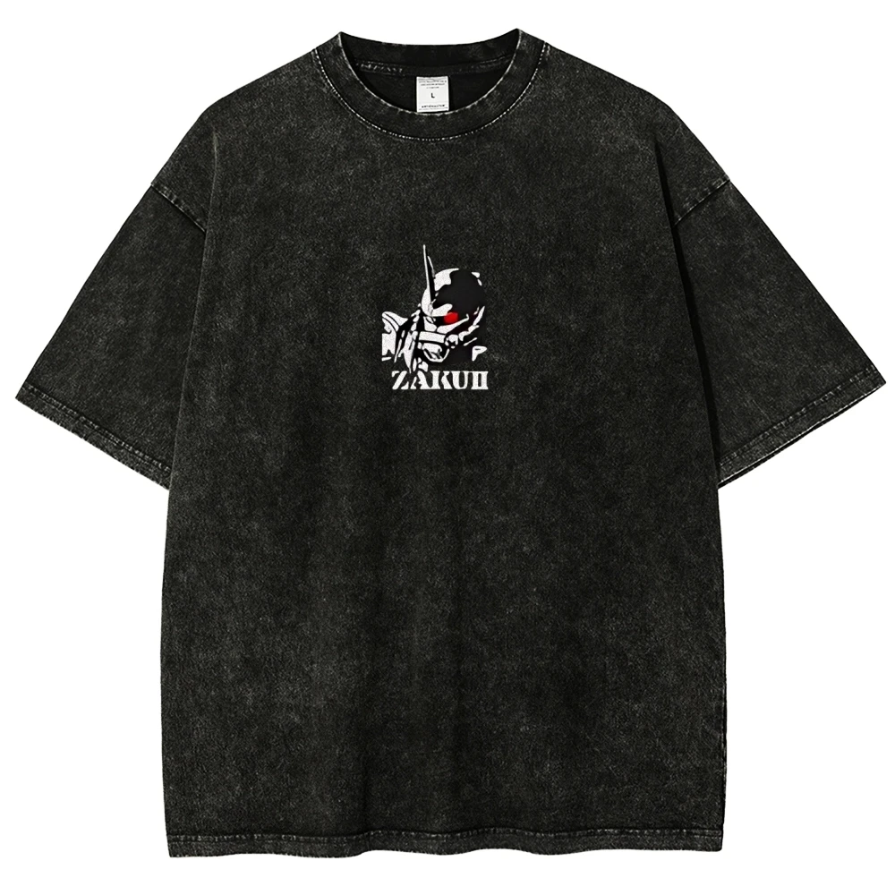 Zaku II T Shirt Char Aznable Men Vintage Acid Wash Mecha MS-06S Streetwear Oversized Retro Mobile Suit Zeon Japanese Graphic Tee
