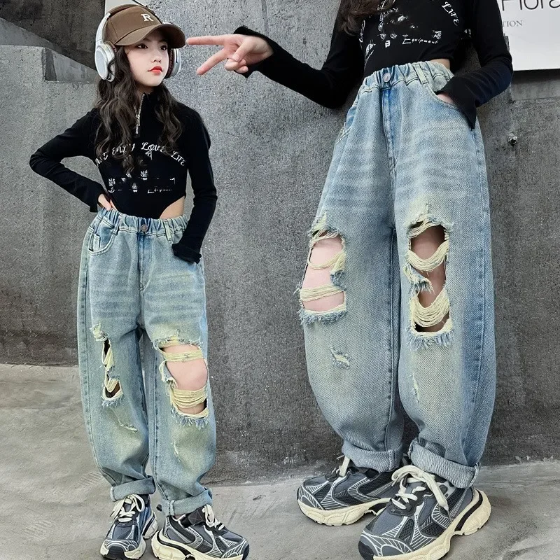 

Girls 2024 Spring New Breakthrough Jeans Korean Wide Legged Pants Dad Pants Fashionable