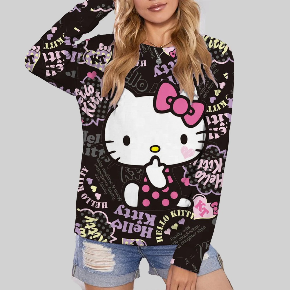 Hello Kitty Cartoon Anime Women Pullover Spring Autumn Men Round Neck Hoodie Clothes 2024 New Fashion Couple Sweatshirt Tops