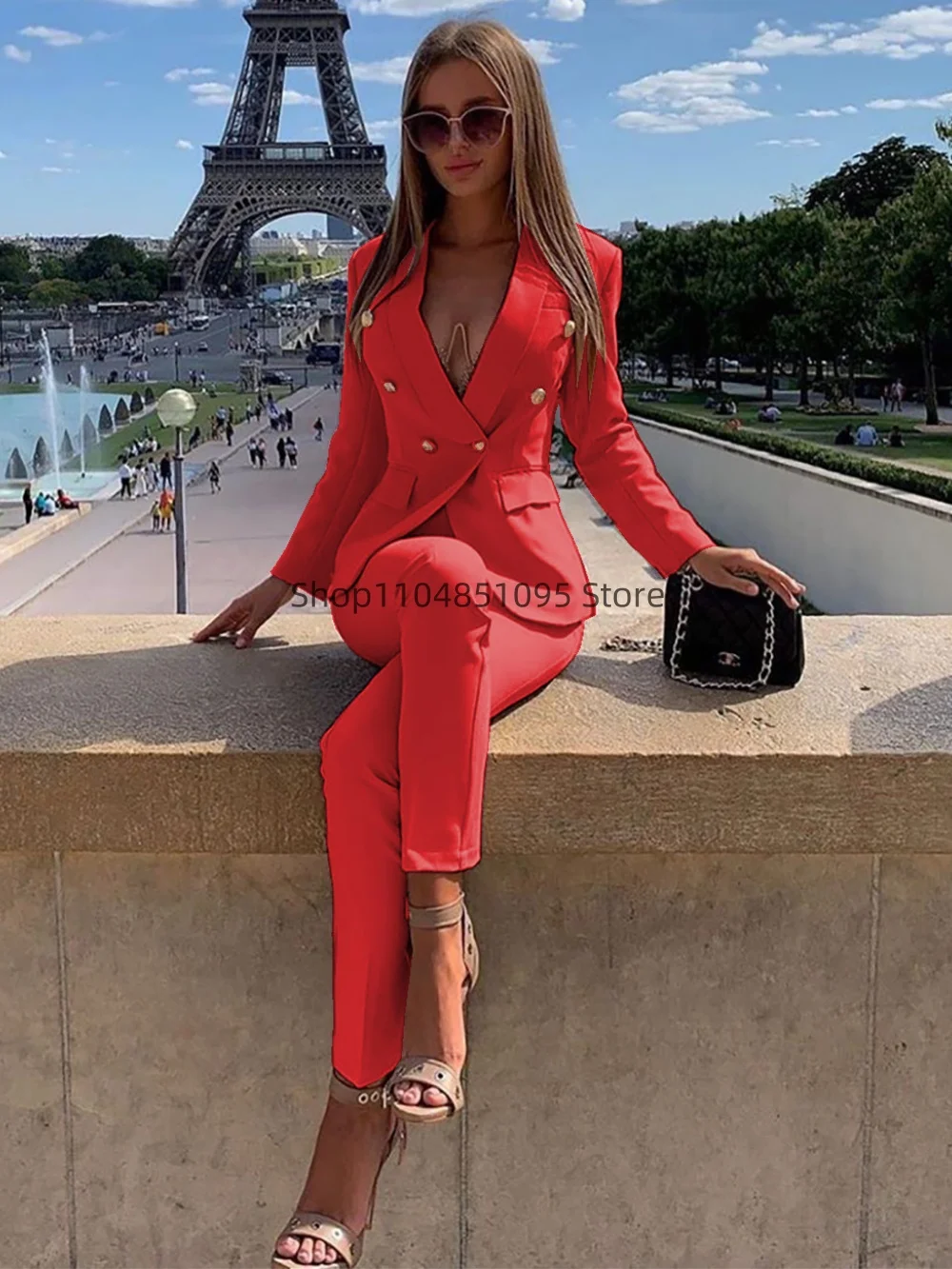 Solid Women Pants Sets With Jacket 2 Piece Double Breasted Shawl Lapel Slim Fit Blazer Elegant Female Office Full Sets Blazer
