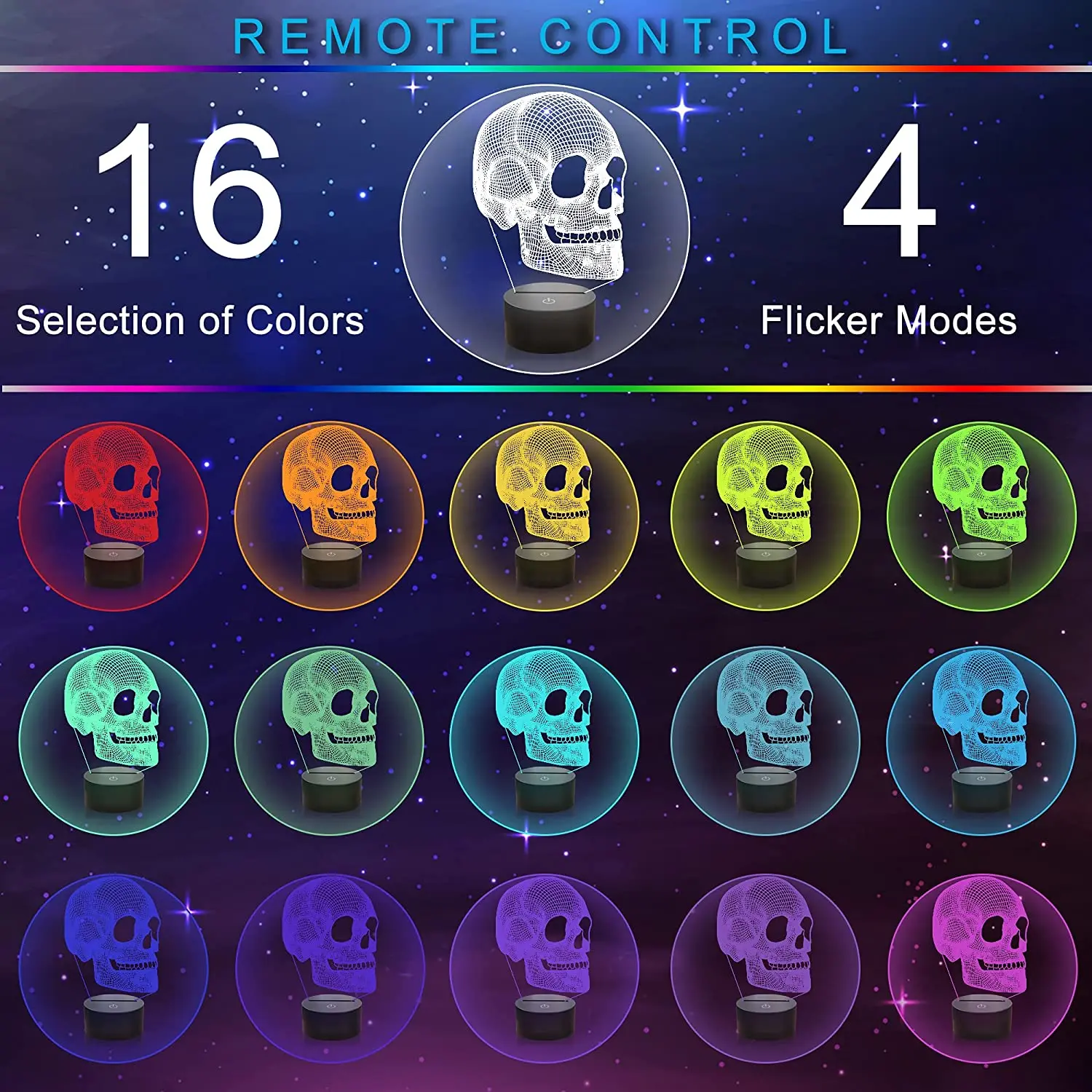 Luz de noche de calavera para niños, lámpara de ilusión 3D, lámpara de mesa LED, 16 colores que cambian con Control remoto, regalos de cumpleaños,