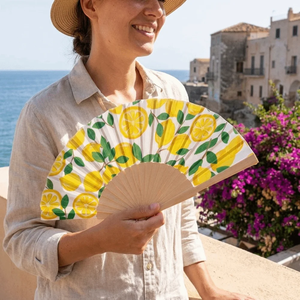Lightweight Lemon Print Folding Hand Fan Wooden Handle Delicate Chinese Style Fan Creative Portable Decorative Fan Photography