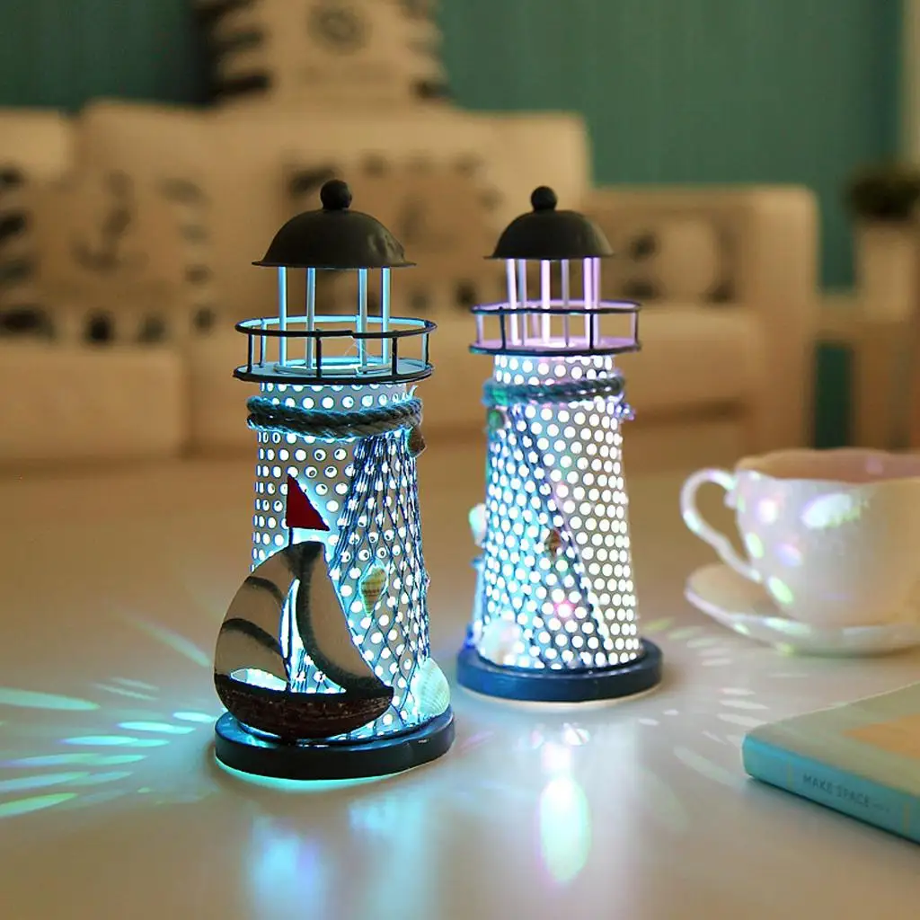 Metal Lighthouse Model Candle Holder Hand Painted Antique Style for Nautical Home Decor and Marine Themed House Decoration