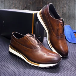 Men's casual sports leather shoes non-slip heightened comfort handmade Brogue style high-end leather shoes dating party shoes