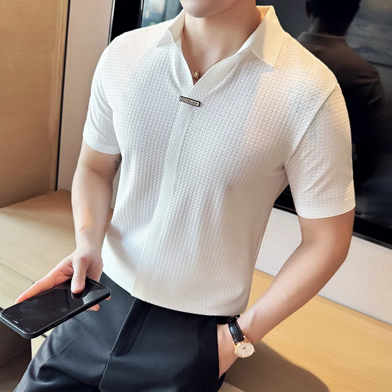 High-Grade Ice Silk Seamless Adhesive Polo Shirt, High-Elastic V-neck Thin Waffle Short-Sleeved Golf Shirt, T-shirt