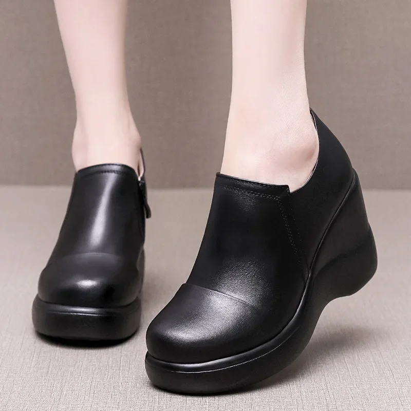 8cm Small Size 32-43 Comfortable Genuine Leather Shoes Platform Pumps 2024 Deep Mouth High Heels Wedges Shoes for Office Model