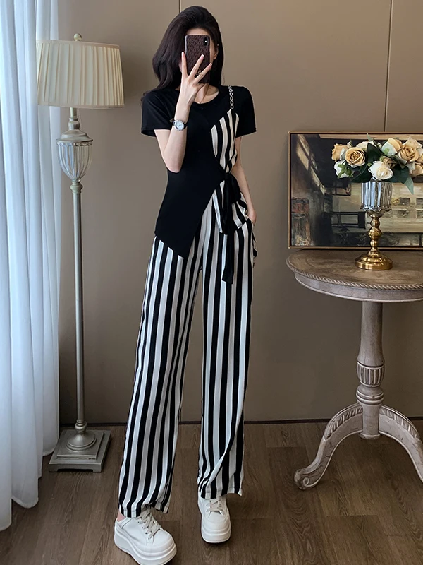 

Casual Asymmetric Summer Fashionable Striped Belted Short Sleeve Wide Leg Pants Two Piece Set Women's Leisure Sportswear