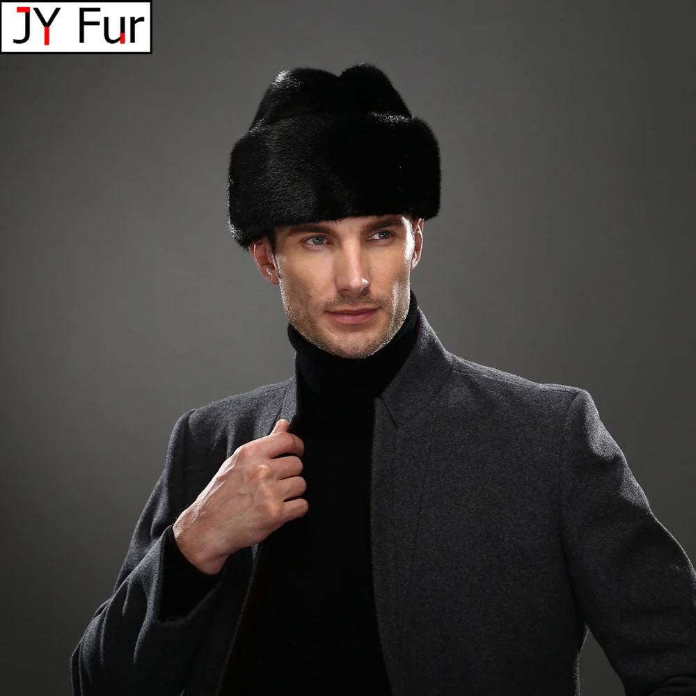 Men Mink Fur Hat New Fashion Men's Real Mink Fur Cap Winter Warm Top Hat Headgear Beanie Beret Natural Real Mink Fur Cap For Men