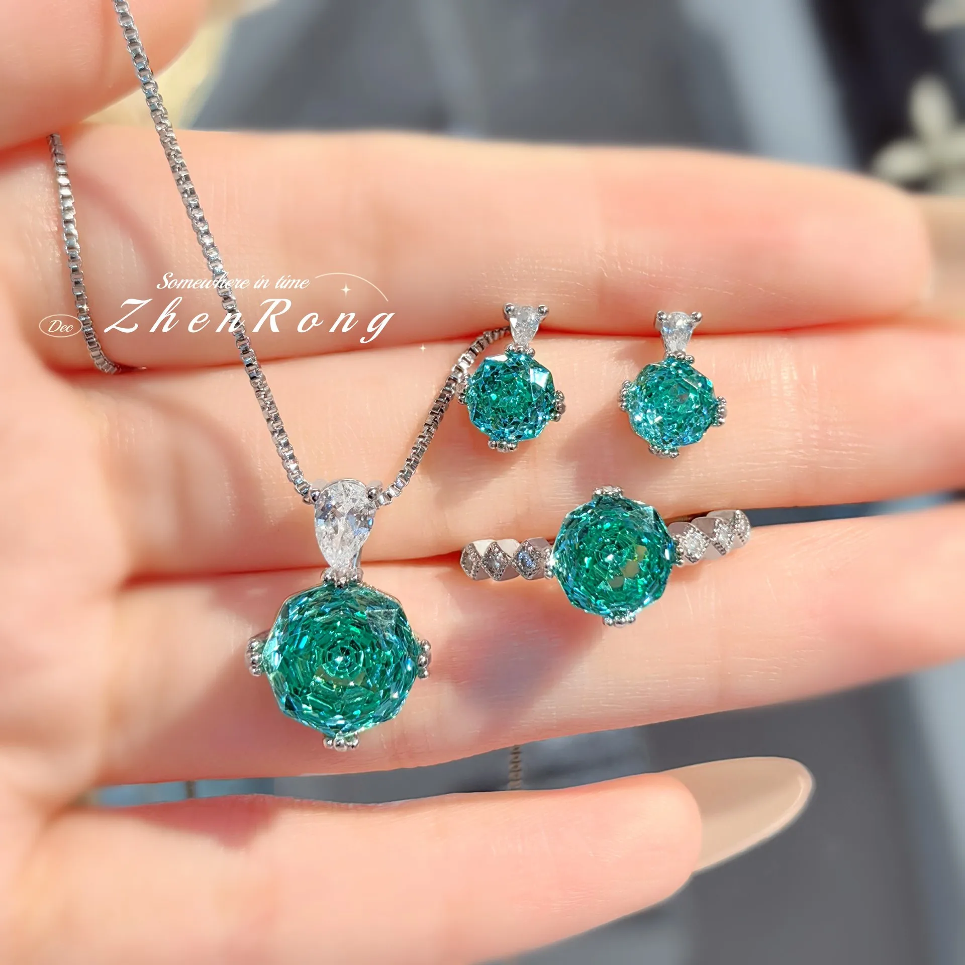 S925 Sterling Silver Ring Necklace Stud Earring Set Combination Rose Pendant Set with High Carbon Diamonds